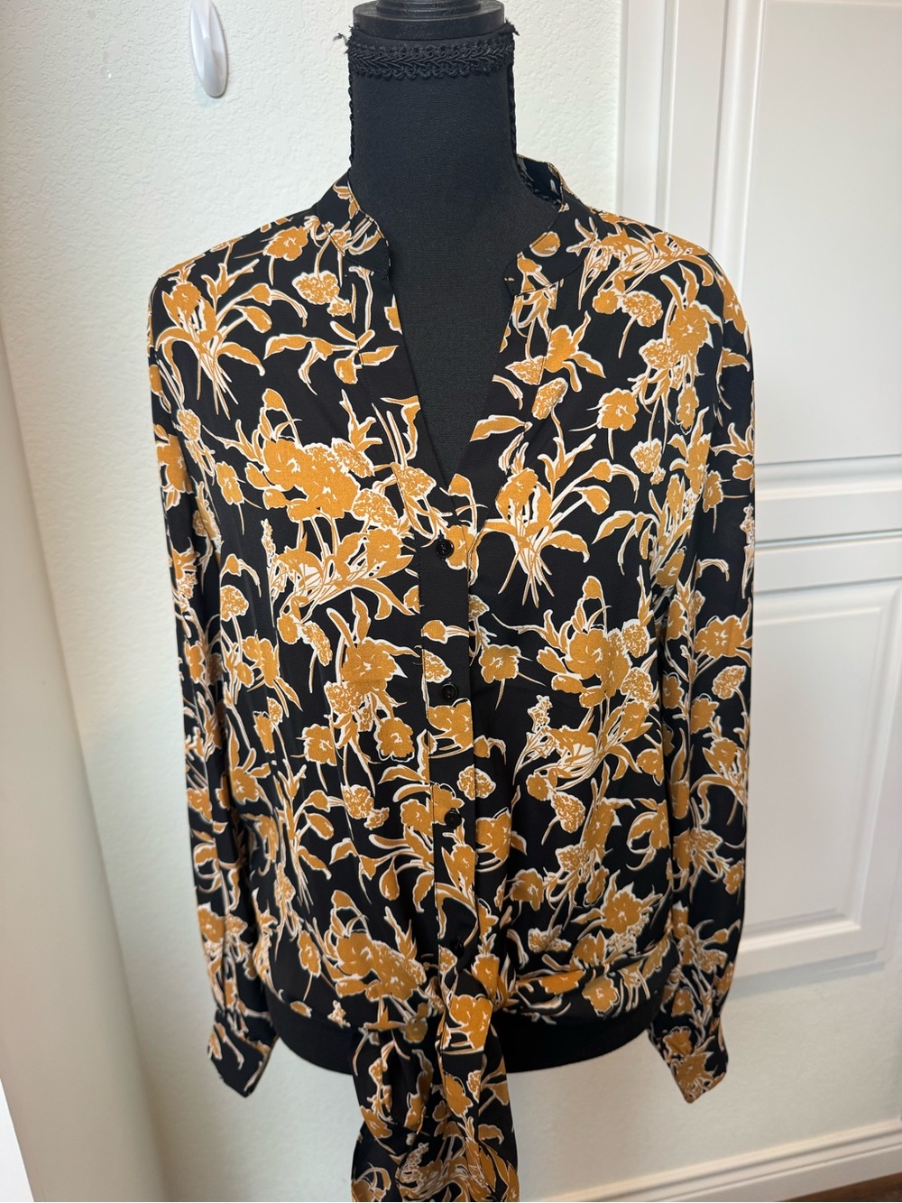 Black & Mustard Floral Tie-Front Blouse